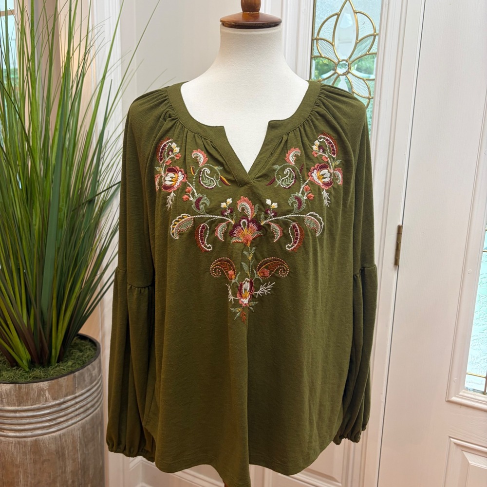 Wonderly Olive Green Embroidered Boho XL Peasant Blouse Bishop Sleeve Fall
